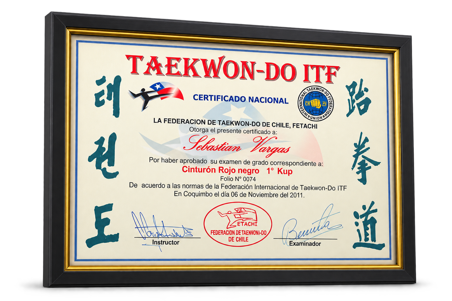 Certificado nacional FETACHI de cinturón rojo negro, 1.er Kup